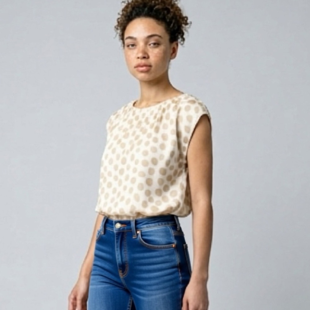 LOFT. Beige Polka Dot Cap Sleeve Blouse